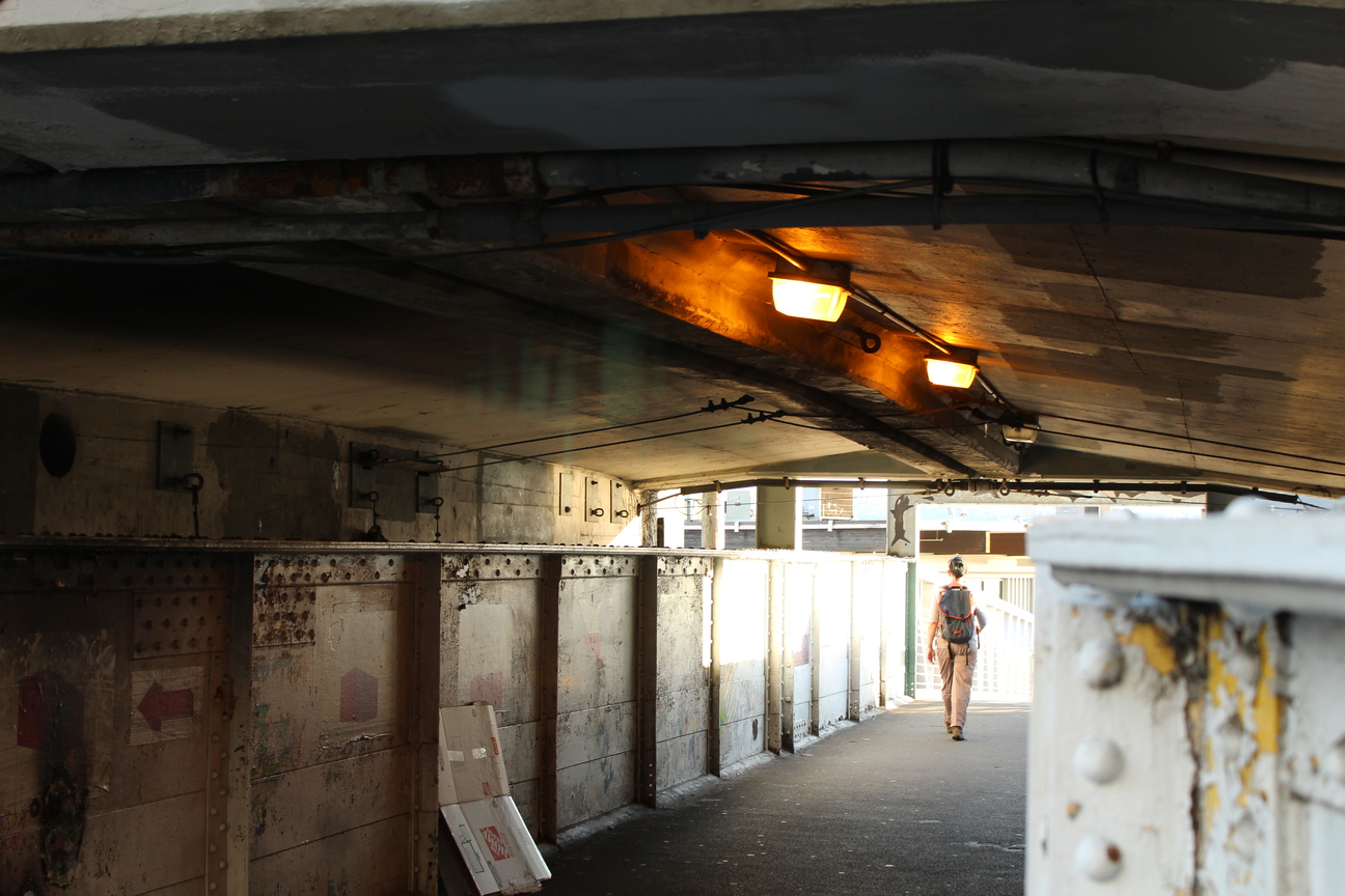 Walking path under a bridge in Seattle, WA